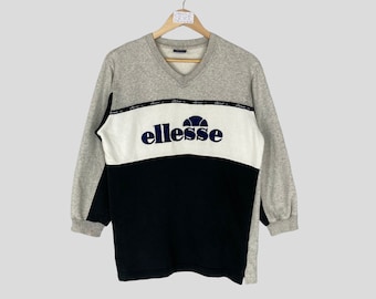 Vintage Rare ELLESSE V-Neck Striped Sweatshirt Big Logo Ellesse Embroidered Jumper Pullover Ellesse Sweater Grey Colour Unisex Large Size