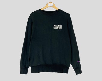 Vintage Rare CHAMPION Crewneck Sweatshirt Big Logo CHAMPION At Chest Jumper Pullover Champion Sweater Black Colour Unisex Large Size