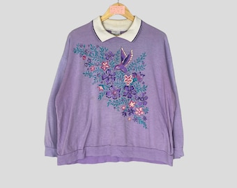 Vintage Rare HABAND Made In USA Crewneck Sweatshirt Big Logo Floral Haband Jumper Pullover Haband Sweater Purple Colour Medium Size