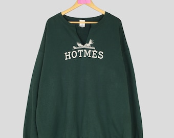 Vintage Rare HOTMES By Port And Company V-Neck Sweatshirt Big Logo Hotmes Jumper Pullover Hotmes Sweater Green Colour Unisex 3XL Size