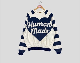 Vintage Zeldzame HUMAN MADE Crewneck Gestreept op mouw Sweatshirt Groot Logo Human Made Jumper Pullover Human Made Sweater Marineblauw Wit Unisex