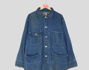 Vintage raro azul marino denim Chore chaqueta vintage denim ropa de trabajo Jean chaqueta cuatro bolsillos trabajadores franceses chaqueta botón completo unisex 2XL