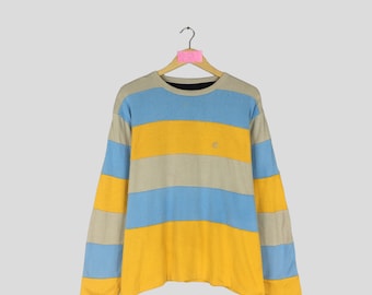Vintage raro cuello redondo sudadera a rayas amarillo azul y gris color jersey jersey a rayas suéter unisex de gran tamaño