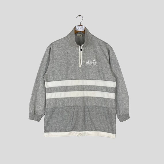 Vintage Rare ELLESSE Quarter Zipper Women Striped Sweatshirt Big Logo ELLESSE Jumper Pullover ELLESSE Sweater Grey Colour Medium Size