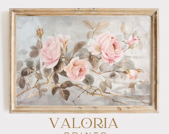 Pittura stampabile astratta rosa vintage, stampa pittura botanica rosa fattoria di campagna, download digitale di arte del paesaggio botanico disattivato