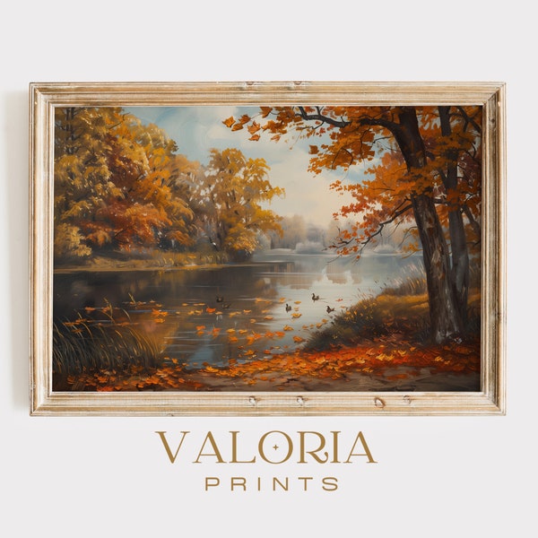 Printable Autumn Antique Lake Landscape Vintage Oil Painting, Country Farmhouse Oil Painting, Autumn Lake Wall Decor Art Digital Download