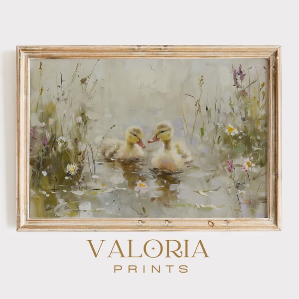 Ducklings Printable Vintage Painting, Country Farmhouse Antique Painting Print, Vintage Cute Easter Wall Decor Art Digital Download