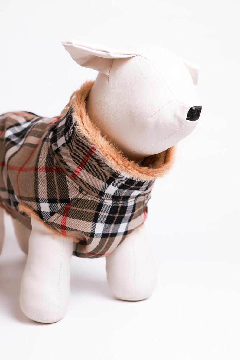 Plaid Wool Dog Coat with Fur Lining, Warm Winter Dog Jacket, Stylish Checkered Pet Clothing image 2