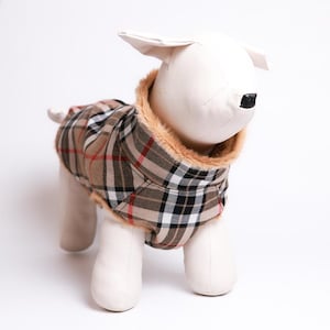 Plaid Wool Dog Coat with Fur Lining, Warm Winter Dog Jacket, Stylish Checkered Pet Clothing