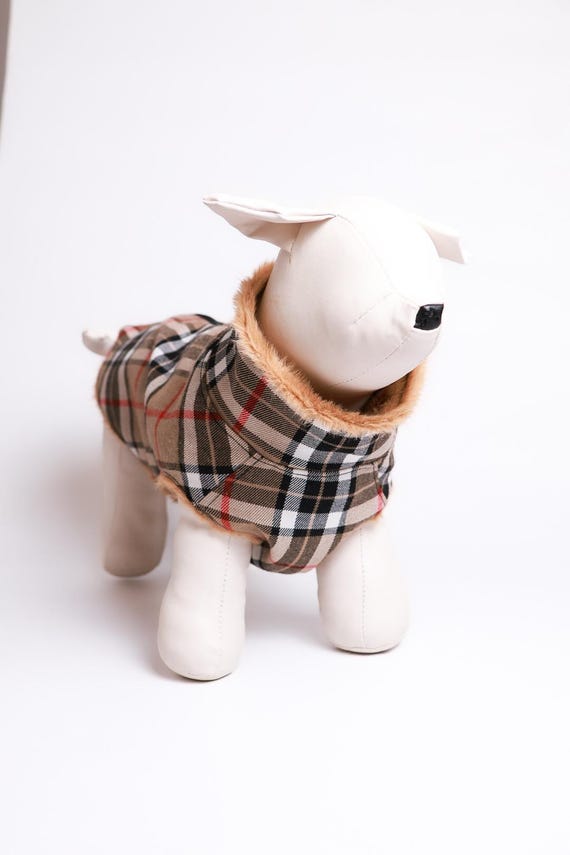 Wełniana Kurtka dla Psa w Kratkę z Futerkiem,Plaid Wool Dog Coat with Fur Lining, Warm Winter Dog Jacket, Stylish Checkered Pet Clothing