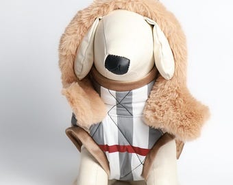 Waterproof Quilted Dog Jacket with Detachable Hood and Fur Trim, Plaid Dog Jacket with Harness & Handle, Warm Quilted Dog Coat