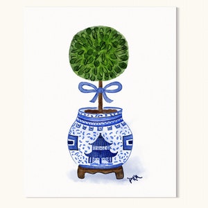 Chinoiserie Topiary Art Print: Blue and White Ginger Jar Watercolor