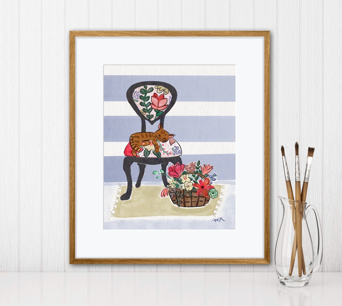 Curated visual reference: Buy Cat In Chair With Flowers Watercolor Giclée Art Print Photo Inspiration