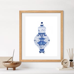 Art Print, Blue and White Chinese Vase with Pagoda | Chinoiserie Art | Grandmillennial Style Art Print | Watercolor
