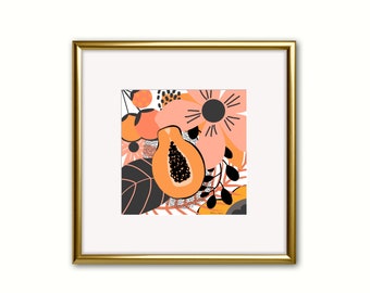 Fruits and Flowers Abstract Giclee, Wall Art in Peach and Black