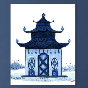 Blue Chinoiserie Pagoda Art Print, Grandmillennial Style