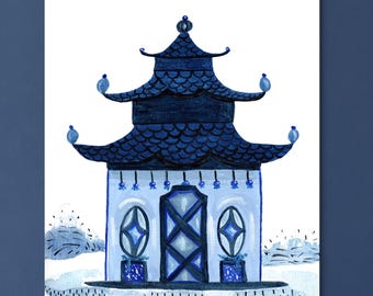 Blue Chinoiserie Pagoda Art Print, Grandmillennial Style