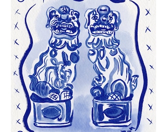 Blue & White Chinoiserie Foo Dogs| Grand Millennial Chic | Watercolor Giclée | Art Print