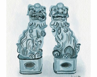 Blue Chinese Foo Dogs Watercolor Giclée Art Print