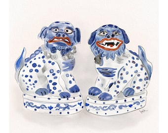 Blue & White Foo Dogs Giclée Art Print | Watercolor Chinoiserie
