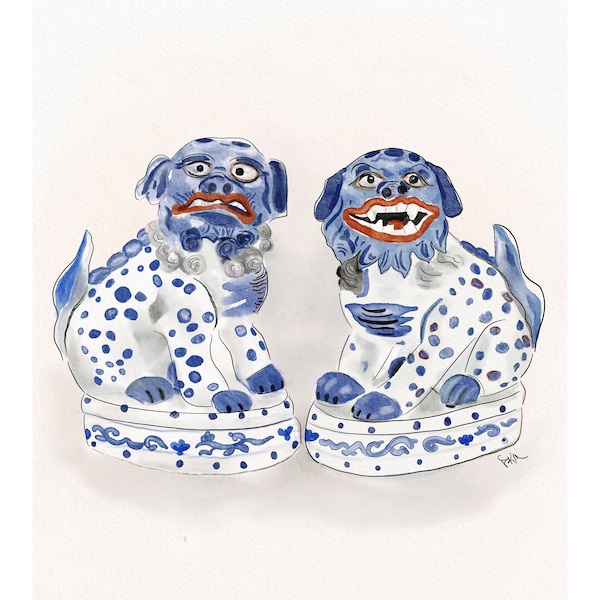 Blue & White Chinese Foo Dogs | Giclée | Art Print | Watercolor |Pair of Dogs