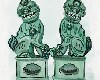 Green Chinoiserie Foo Dogs Watercolor Giclée Art Print