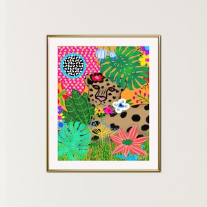 Jungly Leopard with Flowers Giclée Art Print