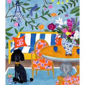 Art Print, Chinoiserie, Grandmillennial Style, Sitting Room with Poodle Giclee , Palm Beach Style