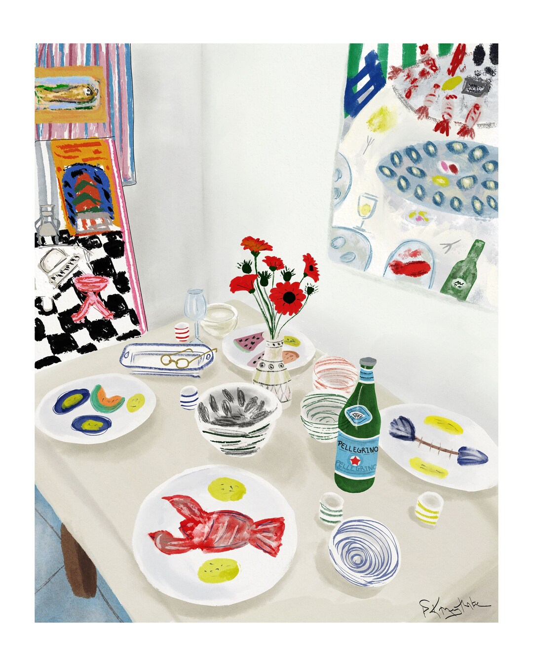 Art Print, Lobster Dinner, Dining Table Art, Food Art, Giclée Mixed ...
