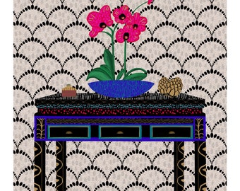 Black Console Table with Orchids Giclee Art Print