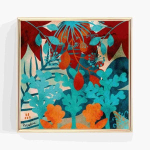 Fun Foliage Abstract Giclee, Art Print in Teal and Ginger