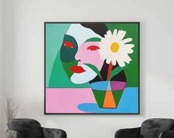 Peinture verte sur toile, coups de pinceau acrylique, oeuvre colorée moderne, peinture originale de fleurs de fille, peinture de fleurs colorées, oeuvre d'art mural