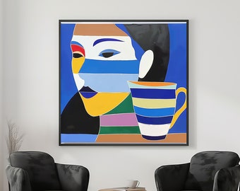 Peinture de café, peinture abstraite géométrique, peinture géométrique, toile, oeuvre d'art originale sur toile, peinture de femme, peinture de thé, peinture de fille