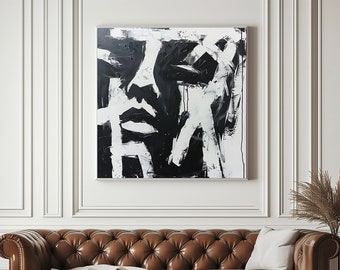 Peinture noir et blanc sur toile, art acrylique abstrait original, peinture monochrome, grande oeuvre d'art moderne pour le salon, art minimaliste
