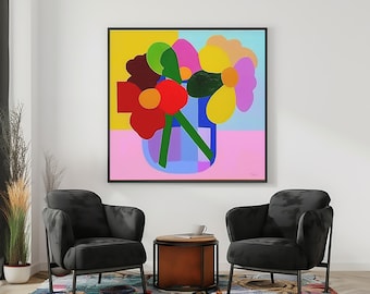 Vaas met bloemen schilderij canvas origineel kunstwerk minimalistisch kleurrijk schilderij grote muur decor eenvoudig schilderij bloem kunst bloem canvas