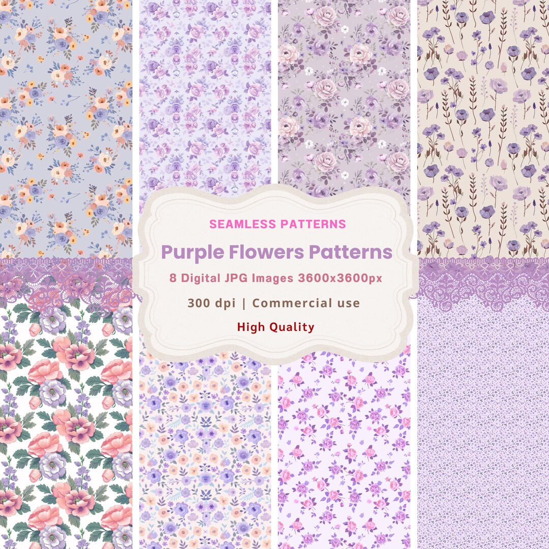 Pastel Purple Roses Pattern 8 Purple Floral Spring Pastel Flowers Seamless Patterns Watercolor ...