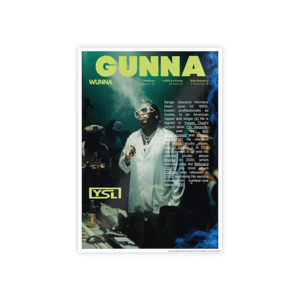 Poster d'art mural Gunna : Un cadeau et une malédiction, DS4Ever, WUNNA, Drip Season 3, Drip or Drown 2, Slime Language 2, YSL