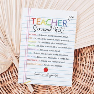 Teacher Survival Kit Gift Card, Printable First Day of School Favor Tags, Notepad Back to School Gift Tag For Teachers