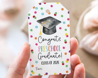 Preschool Graduation Class of 2026 Tag, Printable End Of School Year Favor Tags, Congratulations Preschool Graduate Hat Grad Party Gift Tag