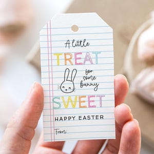 May include: A white gift tag with a pink, blue, and yellow striped border. The tag says "A little treat for some bunny sweet" with a cartoon bunny in the middle. The tag also says "Happy Easter" and "From:"