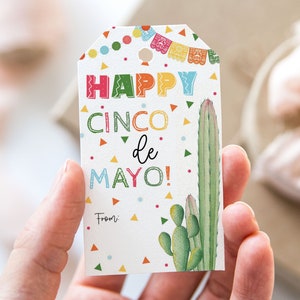 Happy Cinco de Mayo Tag, afdrukbare Cinco de Mayo 5 mei gunst Tags, Rainbow Confetti Cactus Mexicaans thema Fiesta Gift Tag