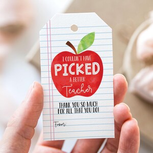 Etiqueta para profesor/a "No pude haber elegido una mejor", etiquetas imprimibles de regalo de fin de curso, etiqueta de regalo de agradecimiento para profesores de Apple con bloc de notas