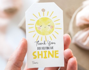 Etiqueta de agradecimiento por ayudarme a brillar, etiquetas imprimibles para regalos de fin de año escolar, etiqueta de regalo de agradecimiento para maestros con diseño de sol
