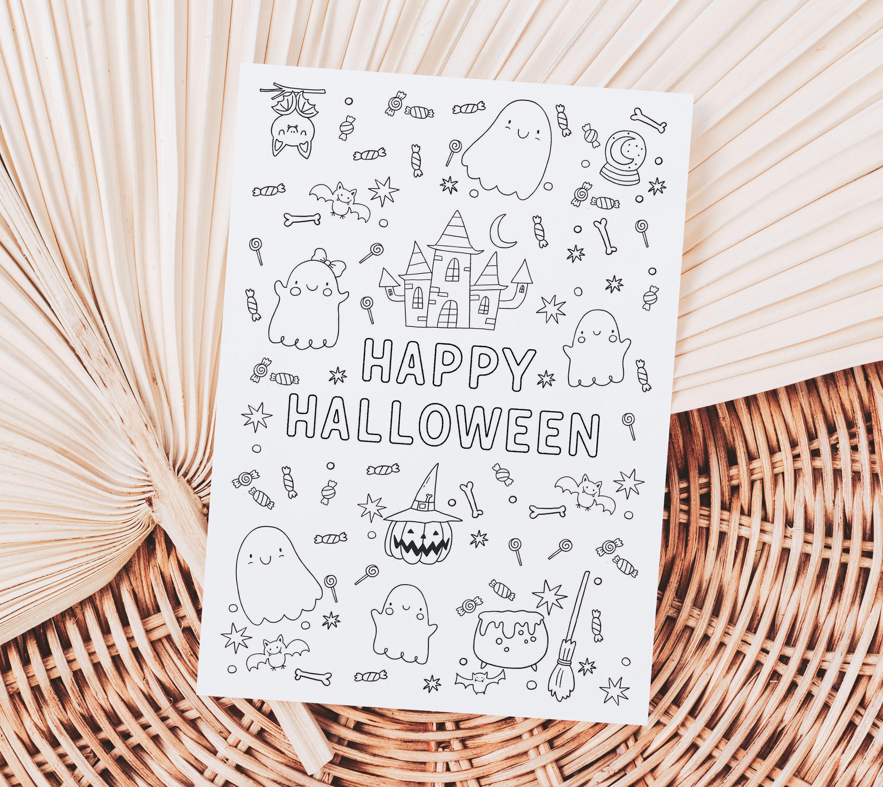 Halloween Coloring Page, Kids Halloween Party Activity, Printable Happy Halloween Game Cards, Halloween Coloring Placemat Card