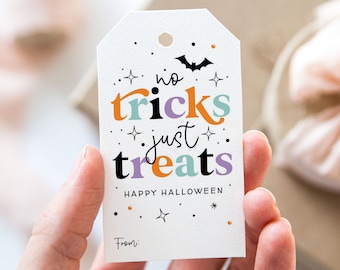 No Tricks Just Treats Tag, Printable Happy Halloween Favor Tags, Simple Modern Halloween Gift Tag