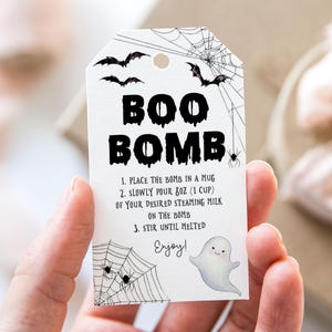 Hot Chocolate Bomb Tag, Hot Cocoa Bomb Instructions, Printable Happy Halloween Favor Tags, Spooky Ghost Cobwebs Boo Bomb Halloween Gift Tag