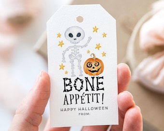 Bone Appétit Tag, Printable Happy Halloween Favor Tags, Skeleton Bag Of Bones Halloween Gift Tag