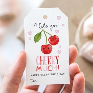 Valentine I Like You Cherry Much Tag, Printable Happy Valentine&#39;s Day Favor Tags, Cherry Fruit Valentine&#39;s Day Gift Tag