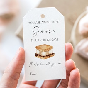 Sie sind geschätzt, mehr als Sie wissen, druckbare Ende des Schuljahr Gunst Tags, S'mores Lehrer Wertschätzung Geschenkanhänger