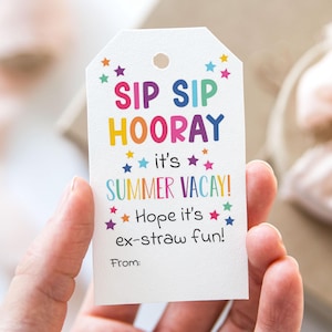 Sip Sip Hooray It&#39;s Summer Vacay Hope It&#39;s Ex-Straw Fun Tag, Printable End Of School Year Favor Tags, Straw Have a Great Summer Vacation Tag